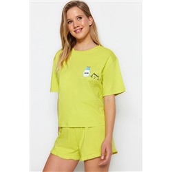 TRENDYOLMİLLA Açık Yeşil Baskılı T-shirt-Şort Örme Pijama Takımı THMSS22PT0422