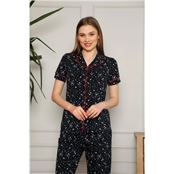BIES Kadın Siyah Yıldız Desen Gömlek Yaka Önden Düğmeli Kısa Kol Pamuk Pijama Takımı 2648