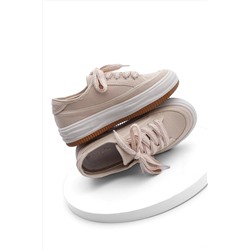 Marjin Kadın Sneaker Yüksek Taban Bağcıklı Bez Spor Ayakkabı Kotnel bej 321012111