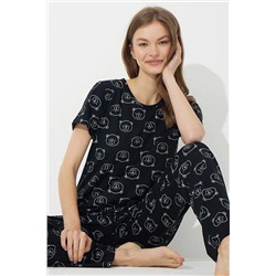 Siyah İnci Siyah Ayıcık Desenli Kısa Kollu Pamuklu Pijama Takımı 7612