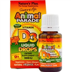 Nature's Plus, Source of Life, «Парад животных», витамин D3, жидкие капли, натуральный апельсиновый вкус, 200 МЕ, 0,34 жидк. унций (10 мл)