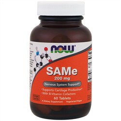 Now Foods, SAMe (S-аденозил-L-метионин), 200 мг, 60 таблеток