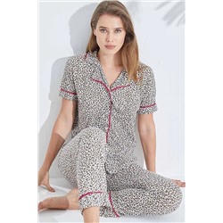 Siyah İnci beyaz leopar desenli Kısa Kollu Pamuklu Düğmeli Biyeli Pijama Takım 7352