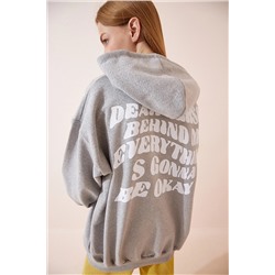 Happiness İstanbul Kadın Gri Kapüşonlu Baskılı Oversize Örme Sweatshirt DZ00074