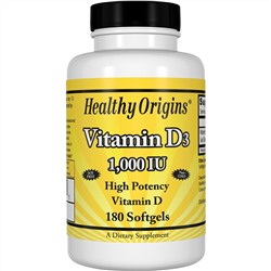 Healthy Origins, Витамин D3, 1000 МЕ, 180 капсул