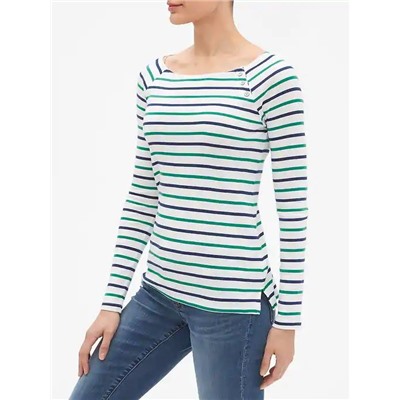 Favorite Stripe Long Sleeve Button-Shoulder T-Shirt