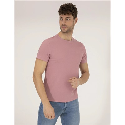 Pembe Slim Fit Dokulu Bisiklet Yaka Tişört