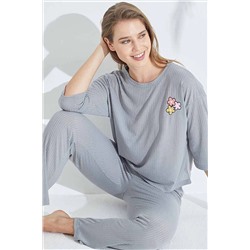Siyah İnci gri Soft Touch İnce Örme Nakışlı Pijama Takım 7626
