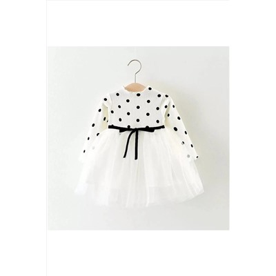 Şirin Şeyler Butiği Linda Kız Bebek Çocuk Prenses Kabarık Tütü Uzun Kol Elbise Puantiyeli Esnek Likralı Beyaz 75P
