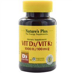 Nature's Plus, Витамин D3 / Витамин K2, 1000 МЕ / 100 мкг, 90 растительных капсул