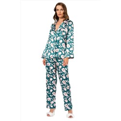 Siyah İnci Kadın Desenli Saten Düğmeli Pijama Takım 2171