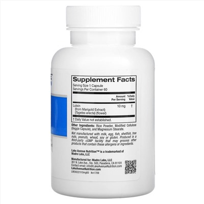 Lake Avenue Nutrition, Лютеин, 10 мг, 60 растительных капсул