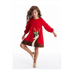 Denokids Yavru Geyik Kız Kadife Kırmızı Yılbaşı Elbise CFF-19K1-063