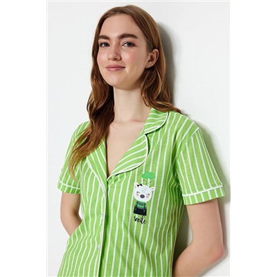 TRENDYOLMİLLA Yeşil Çizgili Hayvan Baskılı Gömlek-Pantolon Örme Pijama Takımı THMSS21PT0878
