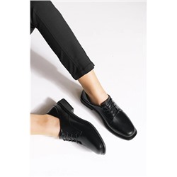 Marjin Kadın Oxford Ayakkabı Küt Burun Bağcıklı Maskülen Günlük Ayakkabı Rilen siyah 20K0014002