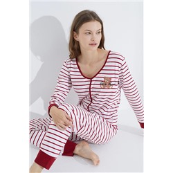 Siyah İnci bordo beyaz çizgili Nakışlı Jogger Örme Pijama Takım 7706