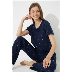 Siyah İnci Lacivert Kısa Kollu Pamuklu Pijama Takımı 7612
