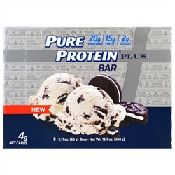 Pure Protein, Plus Bar, печенье и сливки, 6 батончиков, каждый по 2.11 унц. (60 г.)