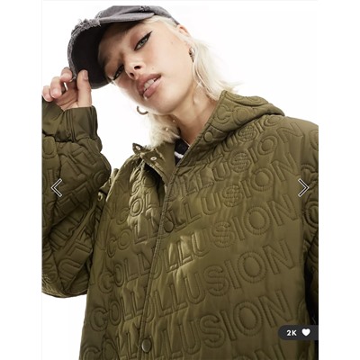 COLLUSION light weight longline hooded padded jacket in khaki