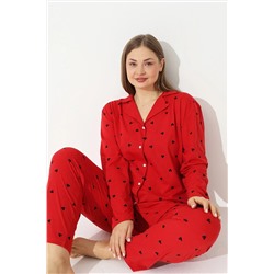 Siyah İnci Kırmızı Curve Büyük Beden Düğmeli Pamuklu Pijama Takımı 7617