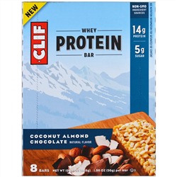 Clif Bar, Батончик с сывороточным протеином, кокос, миндаль, шоколад, 8 батончиков, 1,98 унции (56 г) каждый