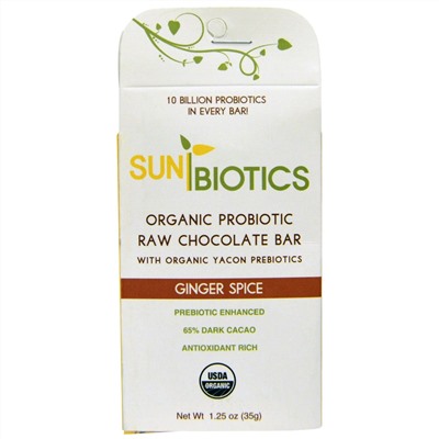 Sunbiotics, Органические пробиотики Батончик с необжаренным шоколадом, Имбирь и специи, 1.25 унции (35 г)