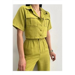 butik derin Keten Gömlek Ceket Pantolon Kadın Takım Yağ Yeşili 8696112394766