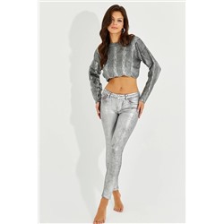 Cool & Sexy Kadın Gümüş Rengi Denim Parlak Pantolon OW143