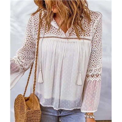 Zesica | White Swiss Dot Crochet Bell-Sleeve Peasant Top - Women Zesica