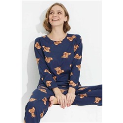Siyah İnci Lacivert Ayıcık Desenli Örme Pijama Takımı 7633