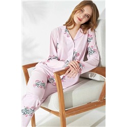 Siyah İnci Pembe Çiçek Desenli Örme Düğmeli Pijama Takımı 7642