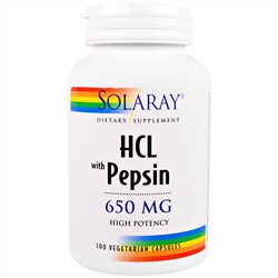 Solaray, HCL с пепсином, 650 мг, 100 вегетарианских капсул