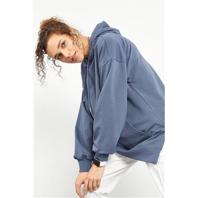 TOMMY LIFE Petrol Kadın Balon Kol Yazı Nakışlı Oversize Tunik Sweatshirt - 97163 T10BY-97163