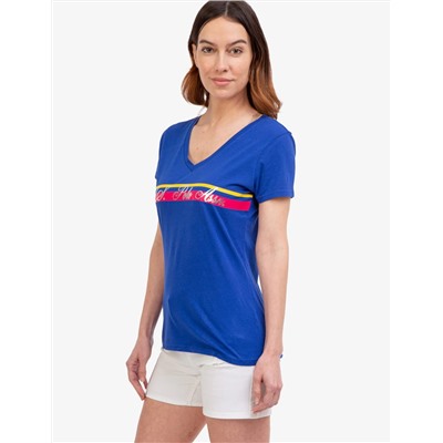 V-NECK STRIPE FOIL GRAPHIC T-SHIRT