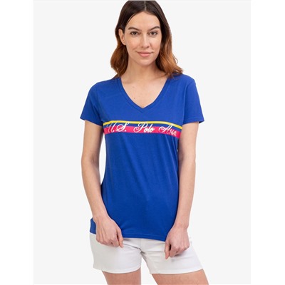 V-NECK STRIPE FOIL GRAPHIC T-SHIRT