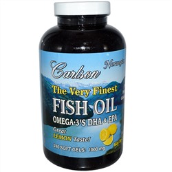 Carlson Labs, The Very Finest Fish Oil, 1000 мг, лимон, 240 гелевых капсул