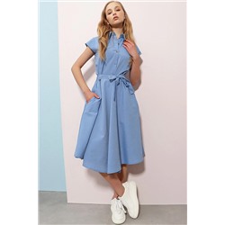Trend Alaçatı Stili Kadın Mavi Kolsuz Keten Dokuma Gömlek Elbise ALC-X6056