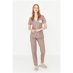 TRENDYOLMİLLA Vizon Baskılı Gömlek-Pantolon Örme Pijama Takımı THMSS21PT0876