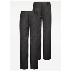 Boys Charcoal Long Length Half Elastic School Trousers 2 Pack