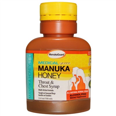 Manuka Guard, Мед манука 16+, для горла и грудной клетки, сироп, безалкогольный, 3,4 унции (100 мл)
