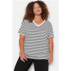 Trendyol Curve Siyah-Beyaz Çizgili Basic Örme V Yaka T-shirt TBBSS23BF00016