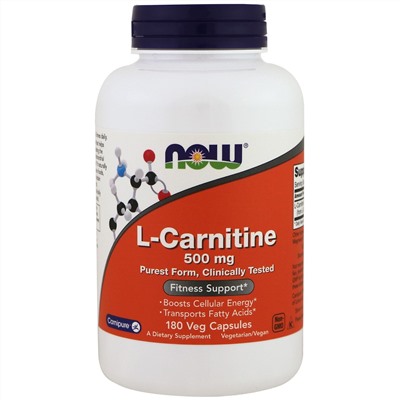Now Foods, L-карнитин, 500 мг, 180 капсул в растительной оболочке