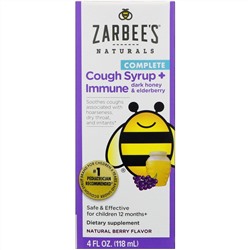 Zarbee's, Children's Complete Cough Syrup + Immune with Dark Honey & Elderberry, Natural Berry Flavor, 4 fl oz (118 ml)