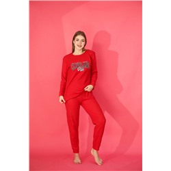 FAMES PİJAMA Kırmızı Şardonlu Fitilli İnterlok Uzun Kollu Kadın Pijama Takımı fs248
