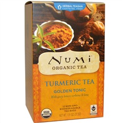 Numi Tea, OrganicTurmeric Tea, Golden Tonic with Zesty Lemon Verbena & Lime, 12 Tea Bags, 1.31 oz (37.2 g) Each