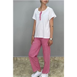 Tam Moda Kadın Pijama Takımı Üst Kolsuz Beyaz- Alt Kırmızı Ekose TMP1001