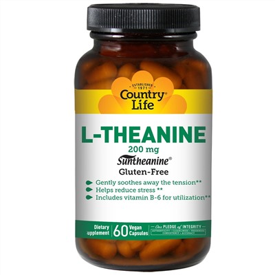 Country Life, L-теанин, 200 мг, 60 растительных капсул