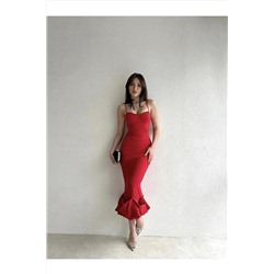 Afiş Butik Kırmızı Etek Ucu Asimetrik Kıvrımlı Midi Boy Elbise AFŞ-ETKRM