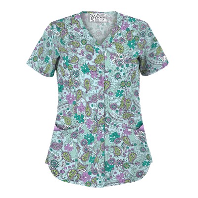 UA Perfect Paisley Pepperminty Snap Front Scrub Top
