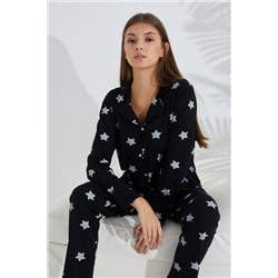 Siyah İnci siyah beyaz yıldız desenli Pamuklu Düğmeli Pijama Takımı 7685